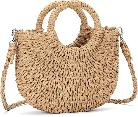 RNIEGA Straw Beach Bag, Small Woven Crossbody Shoulder Bag, Top Handle Small Satchel Handbag for Women Vacation Daily Use