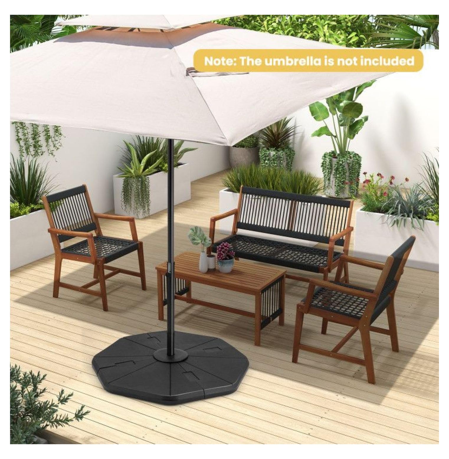 Wypełniany stojak na parasol, 4-częściowy, wytrzymały, na patio, do ogrodu i basenu, czarny, 117 x 109 cm, nośność do 94 kg dla stabilności