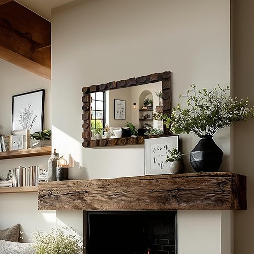 Miniatura 9 de Espejo de pared con marco de madera rústica, espejo de tocador de madera maciza de 28 x 20 pulgadas para baño, dormitorio o entrada, montaje