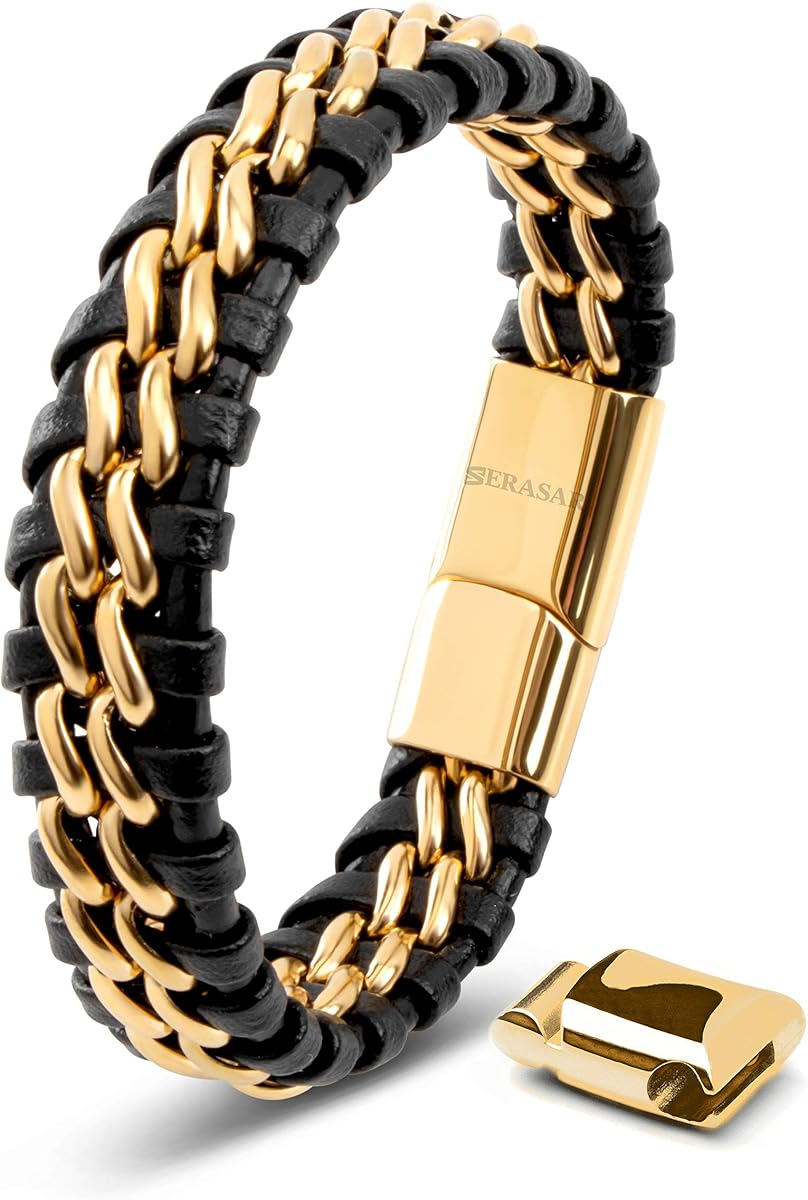 SERASAR | Pulsera de Cuero Genuino Premium [Acero] para Hombre en Negro | Cierre magnético de acero inoxidable en negro, plata y oro | Joyero Exclusivo | Gran idea de regalo