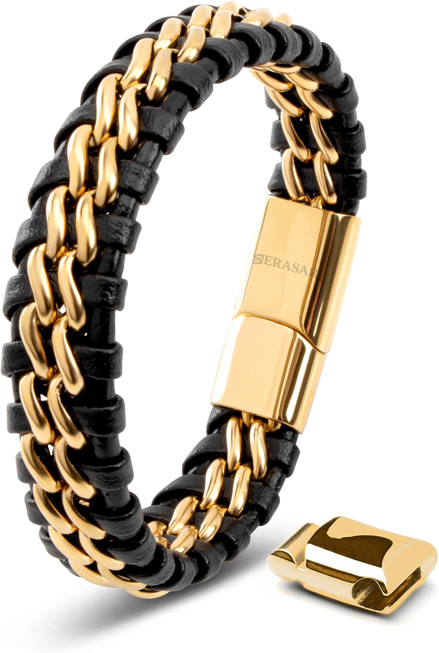 | Premium Genuine Leather Bracelet [Steel] for Men in Black | Magnetic Stainless Steel Clasp in Black, Silver and Gold | Exclusive Jewellery Box | Great Gift Idea