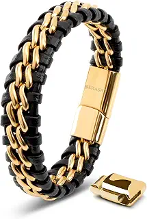 [SERASAR] メンズブラックプレミアム本革ブレスレット「Steel」| ブラック、シルバー、ゴールドマグネットステンレススチールクラスプ| 専用ジュエリーボックス| 素晴らしい