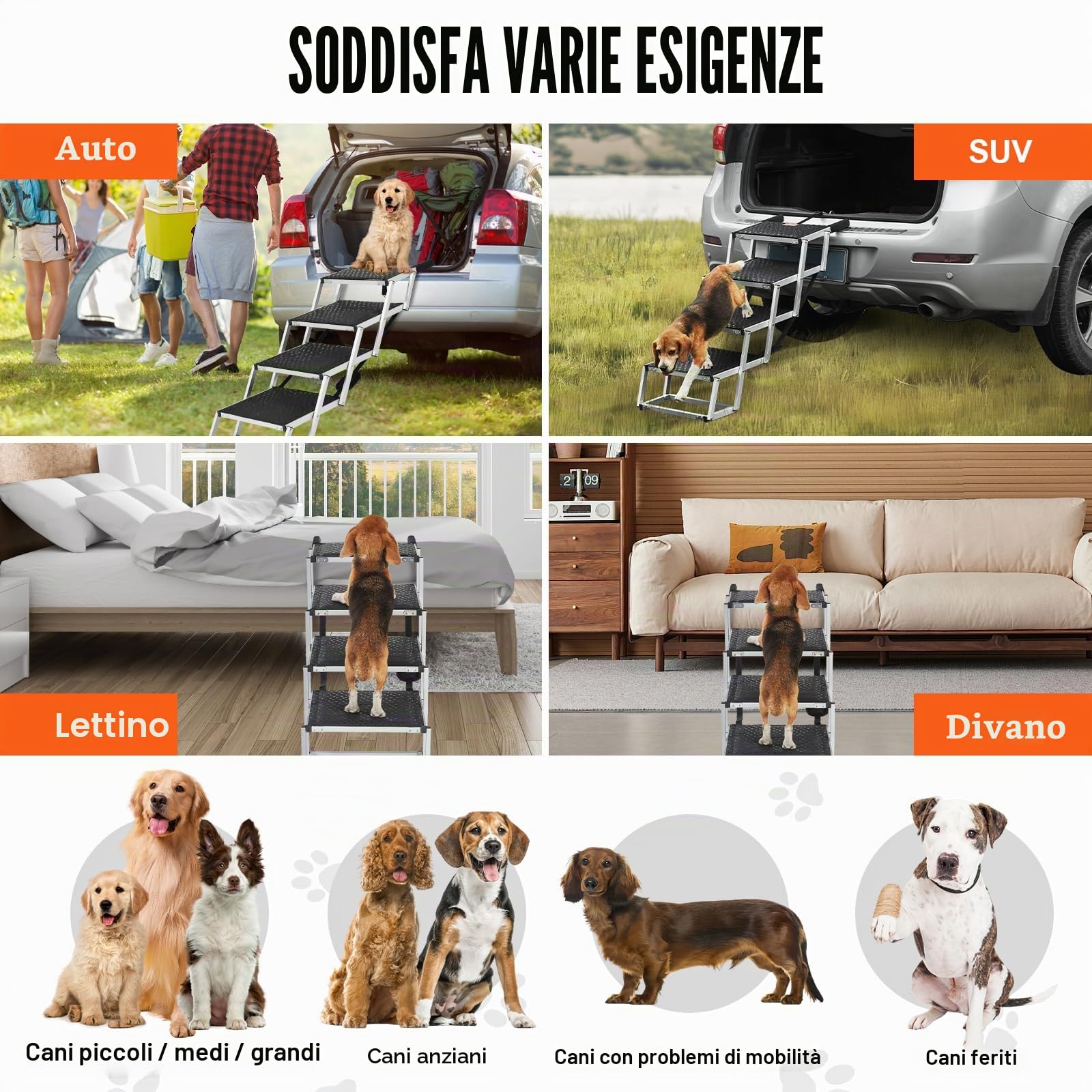 VEVOR Scala Gradini Larghi per Auto per Cani 4 Gradini, Rampa Pieghevole con Superficie Antiscivolo, Animali Domestici Gradini Portatili in Alluminio Leggero per SUV e Camion, Supporta Fino a 68 KG