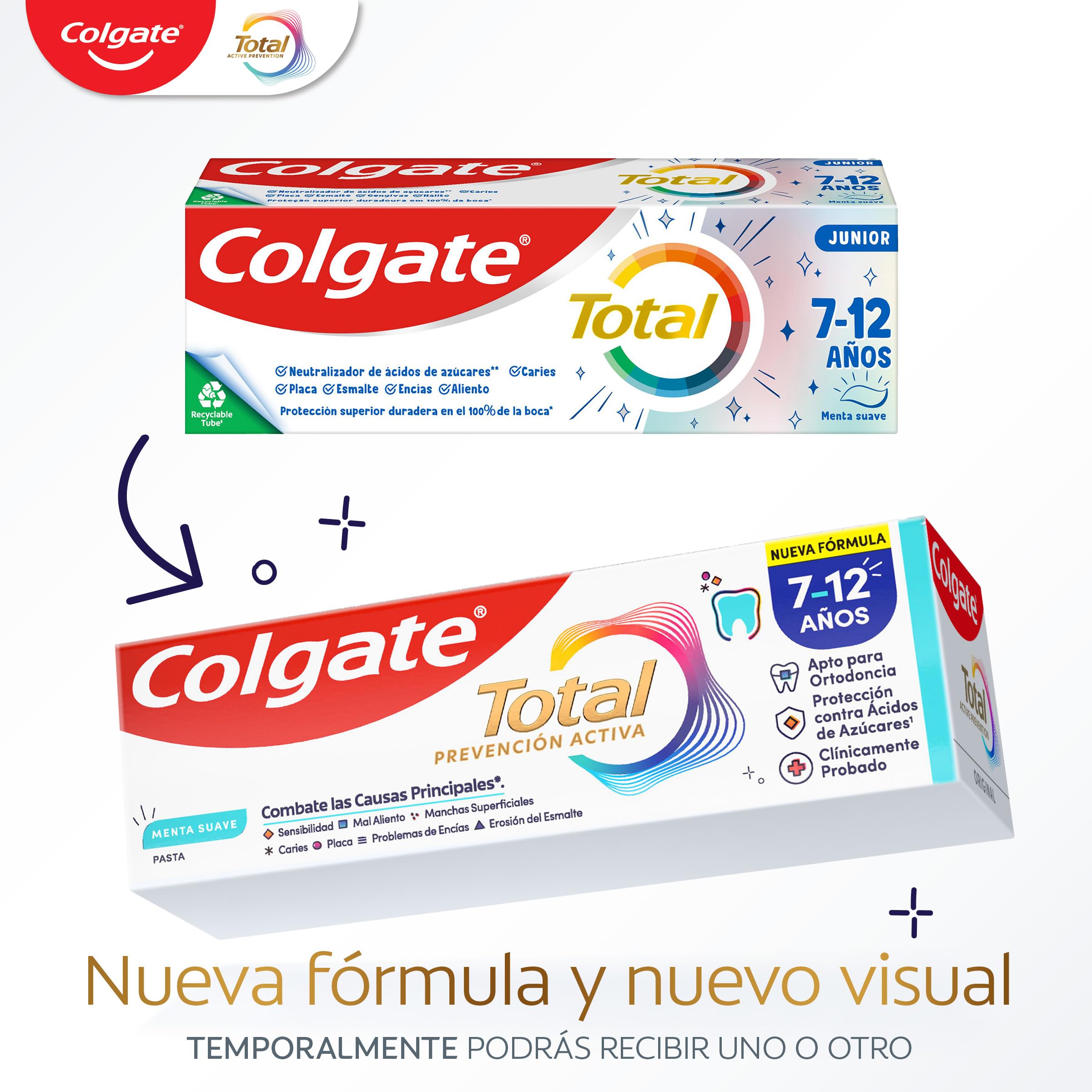Colgate Total Junior Lot de 12 dentifrices pour enfants, 50 ml, protection complète, dentifrice contenant du fluor, protection anti-caries, ingrédients antibactériens, produit recyclable