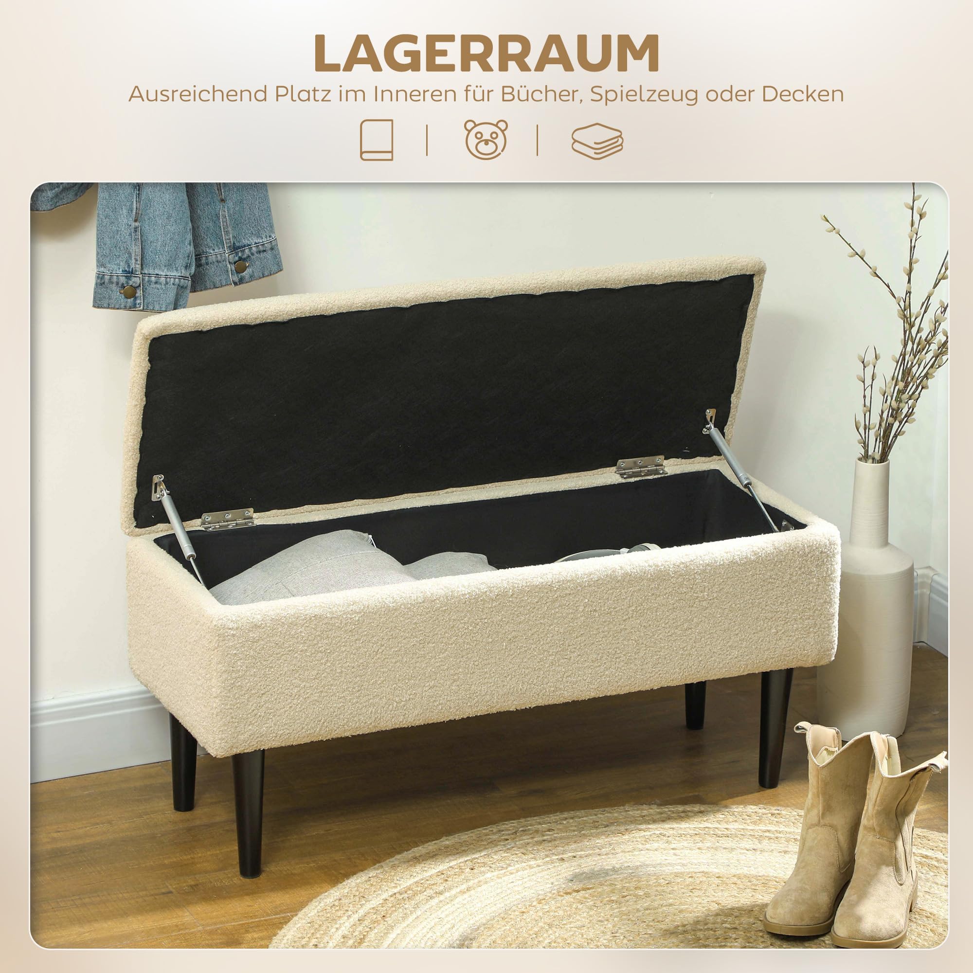 HOMCOM Opbergbank/Zitbank - Gestoffeerd Met Opbergruimte, Crème Kleur, 105 X 44 X 45,5 Cm