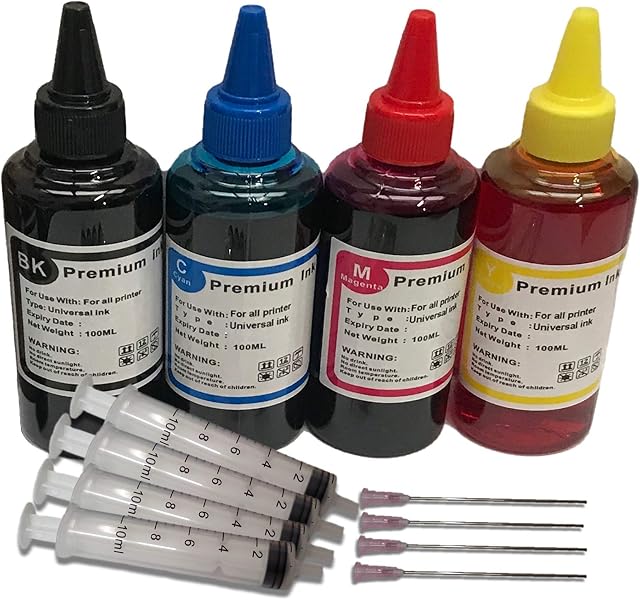 BVH Direct 4 x 100ml Black Cyan Magenta Yellow Bottled Ink Compatible with HP, Canon, Brother,LEXMARK and Kodak Ink Refillable Ciss Cartridge Sytems Includes Blunt Needle and Syringe for refilling