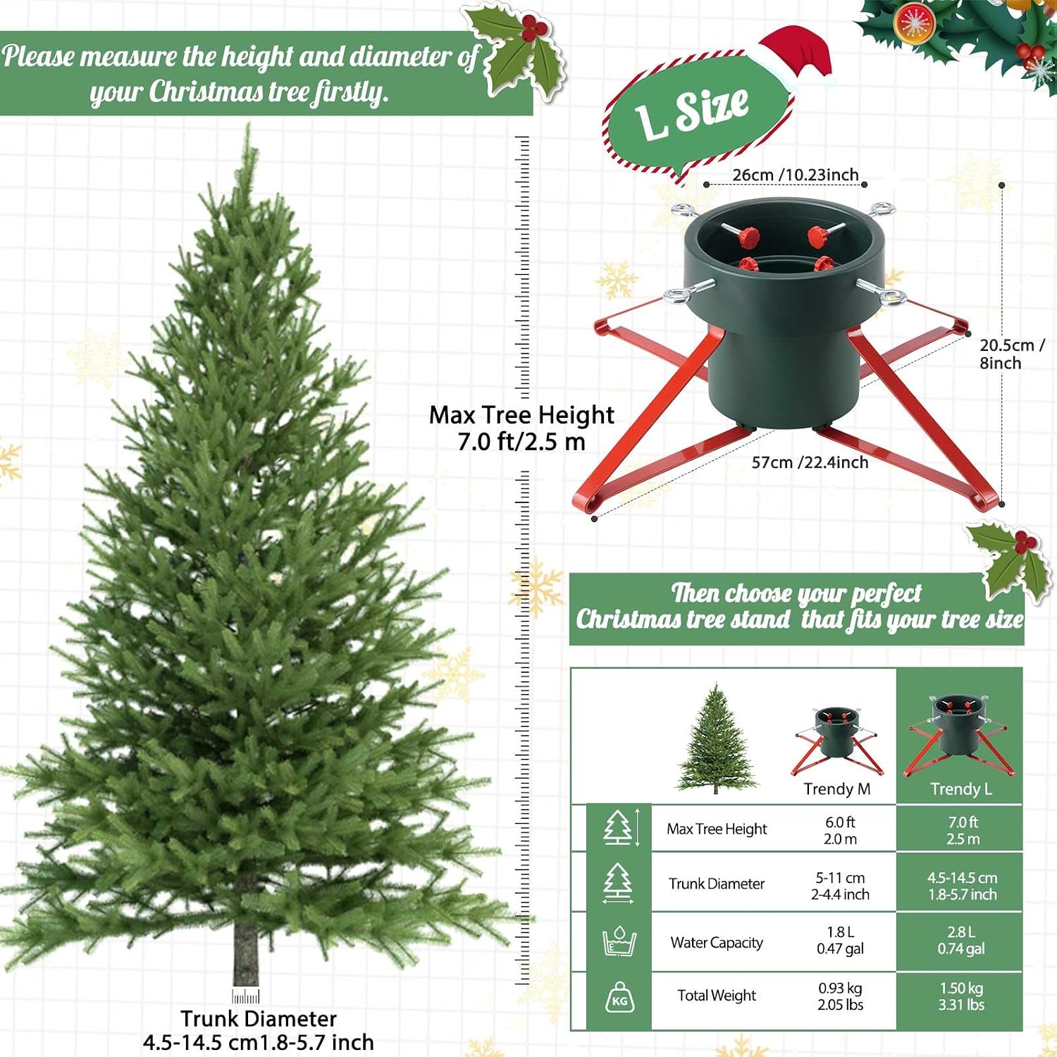 B-COOL Christmas Tree Stand for Real Trees: Xmas Base Holder With Adjustable Legs for Seasonal Displays, Home Decor Up to 7ft Tall, Green Red L
