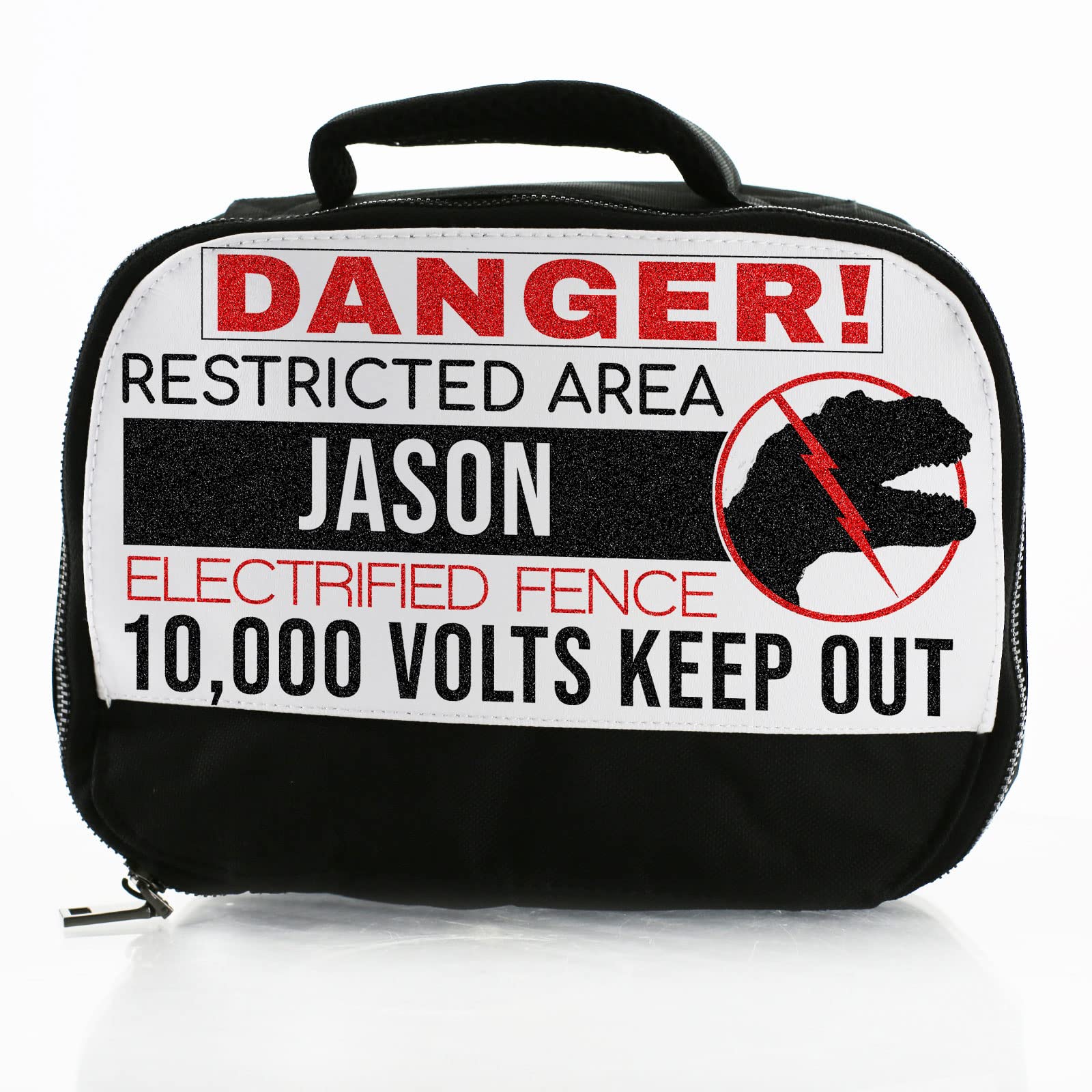 Personalised Bag, Black and White Insulated Lunch Bag Customised with Initial / Name / Text, Jurassic Dinosaur Danger Design, Dinner Bag For School for Hot and Cold Food, Size: (18cm x 25cm x 8cm) — image 1