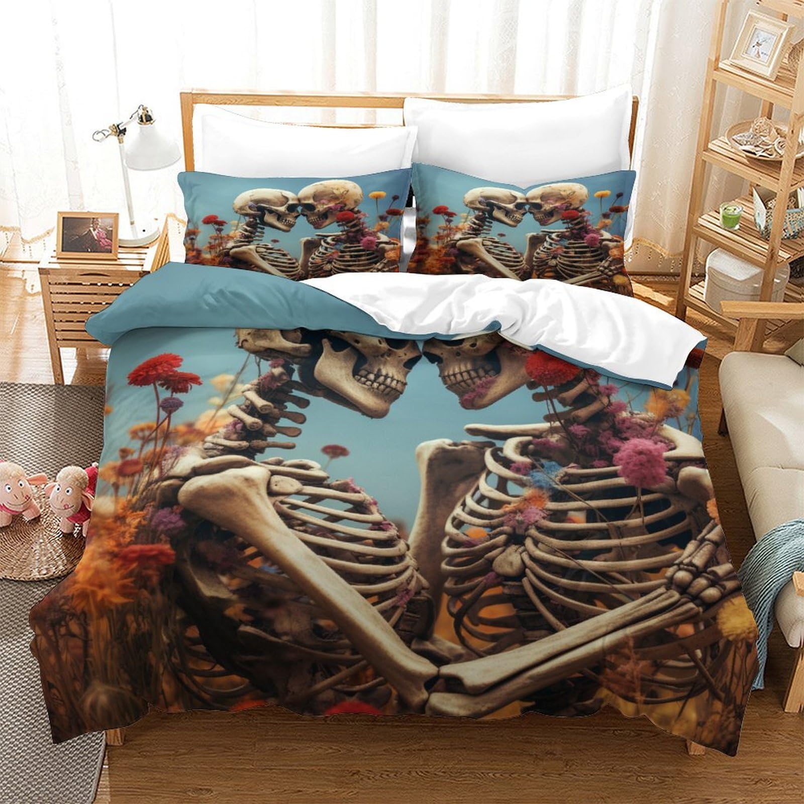 P1S9U7W5Y Romantic Skeleton Floral 3D Printed Duvet Cover Set 3pcs Microfiber Skull Bedding Set Double