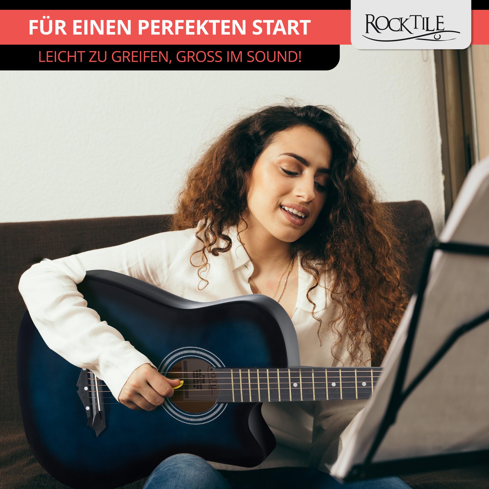 Rocktile WSD-5C-BUB Slim Line Set de Guitares Western - Guitare Acoustique Dreadnought - Corps en Tilleul - Manche : Catalpa - Set incluant housse, cordes de rechange, sangle et médiators - Blueburst