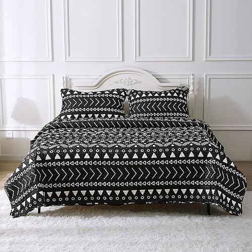 FULTEMPS Juego de edredón ultrasuave  Manta bohemia con estampado geométrico negro  Colchas resistentes a las arrugas y a la decoloración,