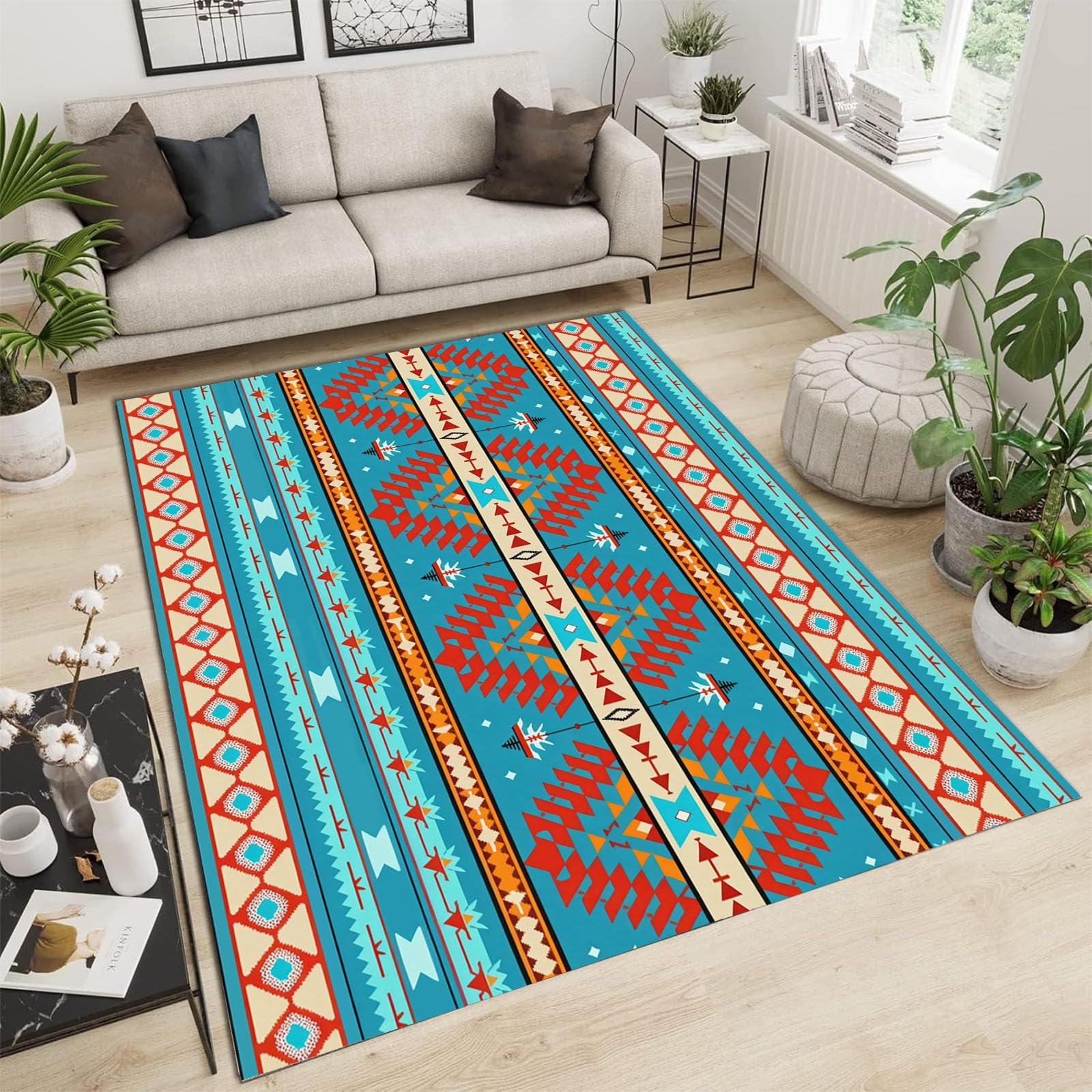 Grand tapis bleu géométrique haut de gamme lavable pour intérieur moderne