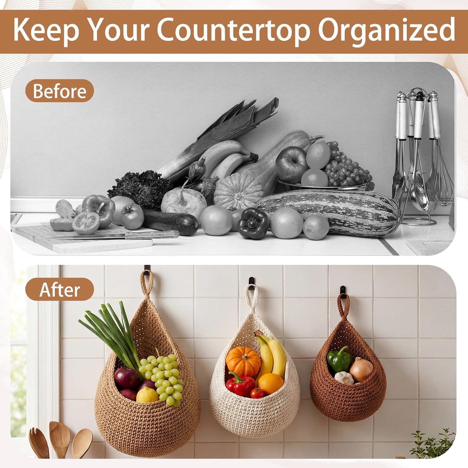 LemonRoad Boho Decor Hanging Wall Fruit Baskets for Kitchen 9 Pack Woven Teardrop Produce Baskets with 9 Pcs Strong Hooks 3 Sizes Hanging Storage Vegetable Potato Onion for Home, White, Linen, Jute