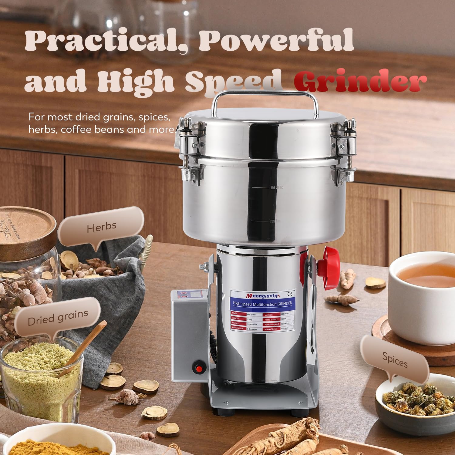 Moongiantgo 2500g Mulino per Cereali Elettrica, con Display a LED, Acciaio Inossidabile & Motore Commerciale 3600W 36000RPM, 30S Rettifica Ultra Fine ad Alta Velocità, per Cereali/Erbe/Spezie/Noci