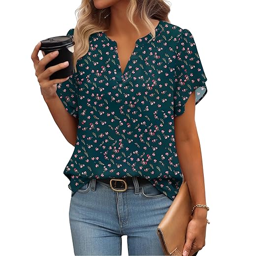 Zeagoo Womens Dressy Casual Shirts Short Sleeve V Neck Work Blouse Business Casual Summer Chiffon Tops