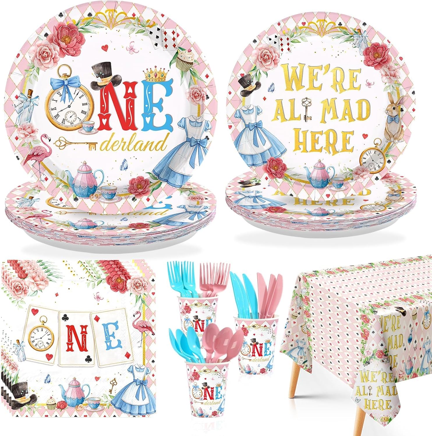 170 Pcs Alice Onederland 1st Birthday Supplies Tea Party 1st Birthday Plates and Napkins Pink Onederland Tea Tableware Set for Girls' One Year Old Baby Shower Party Supplies, Serves 24