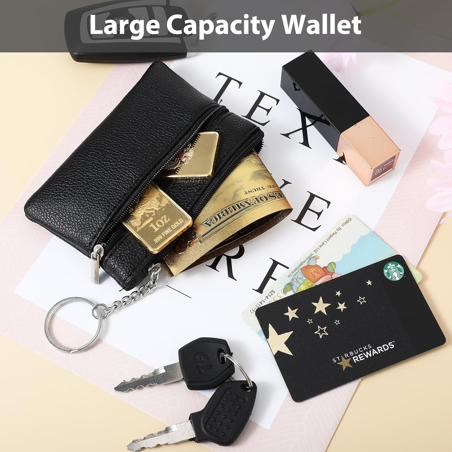 Genuine Leather Wallet Mini Coin Purse with Double Zipper Key Ring for Men and Women Portable Change Pocket and Card Holder (Black)