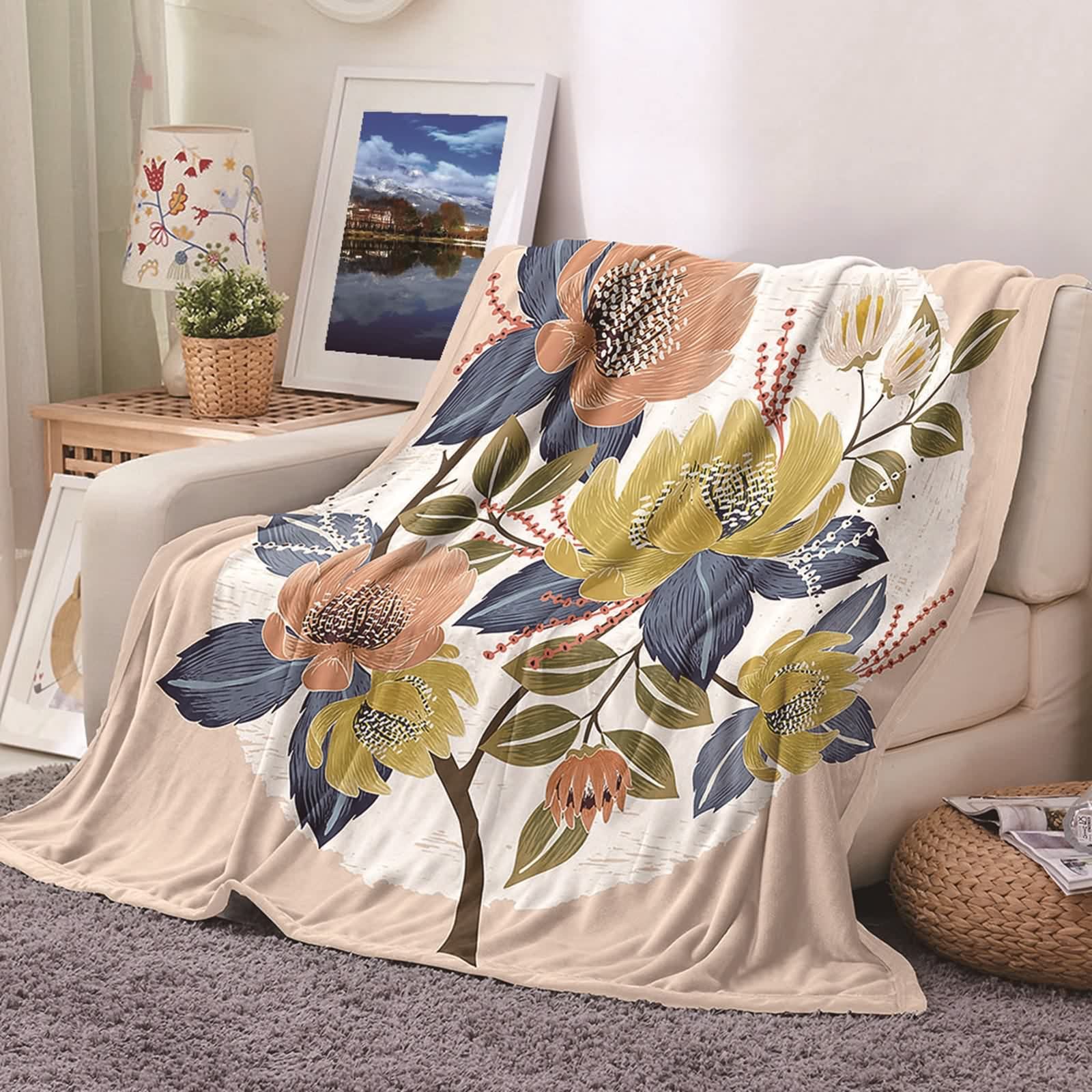 Plaid couverture polaire flannel motif branches et fleurs 100x150