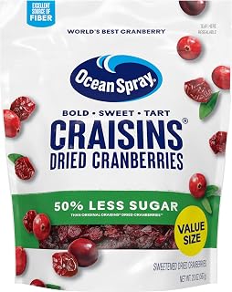 Ocean Spray Craisins 50% Less Sugar Dried Cranberries, 20oz Resealable Pouch - Gluten-Free Low Sugar Snack