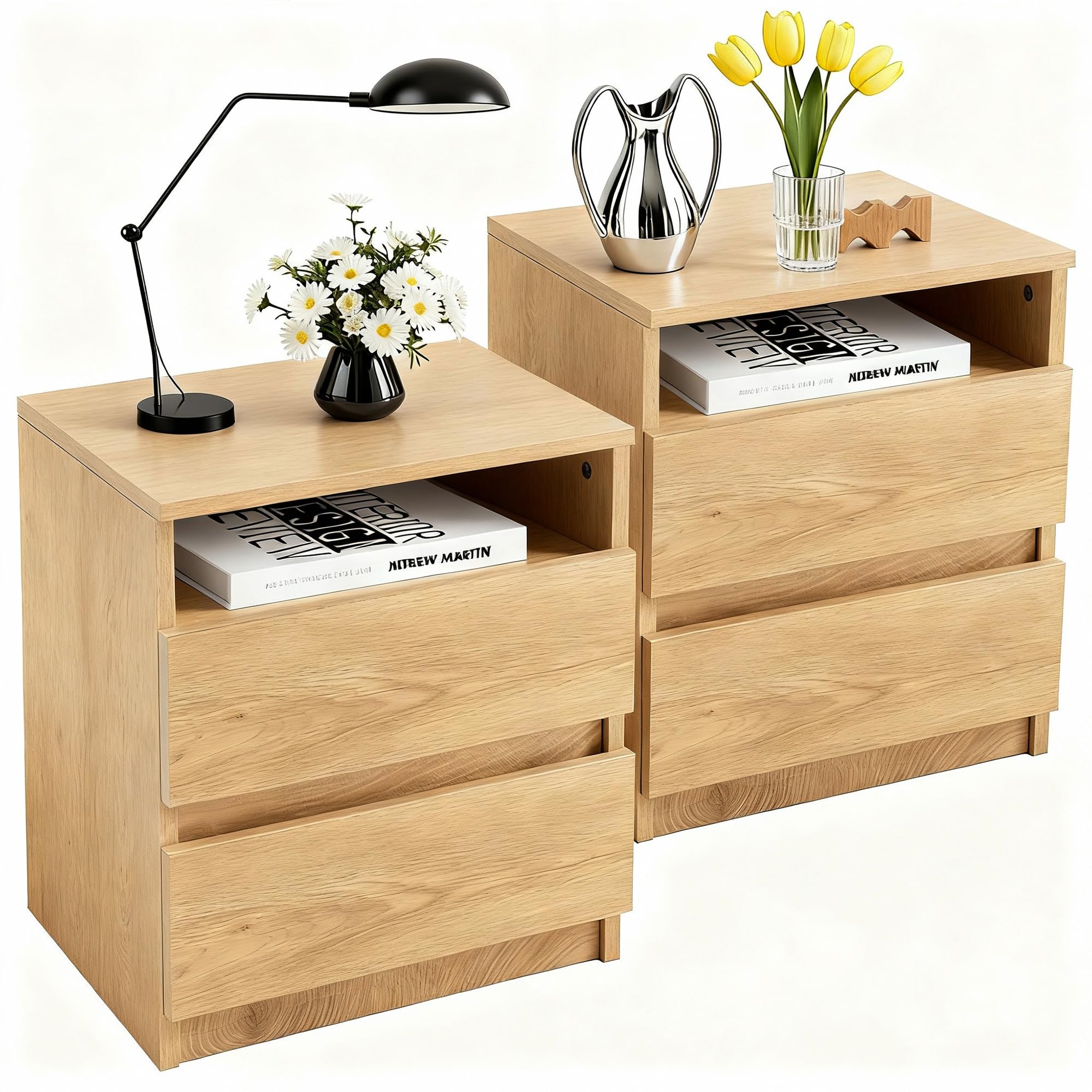 Mingone 2er-Set Nachttische mit 2 Schubladen,Nachtschrank aus Holz,Beistelltisch mit Stauraum Holzfarben für Wohnzimmer, Schlafzimmer