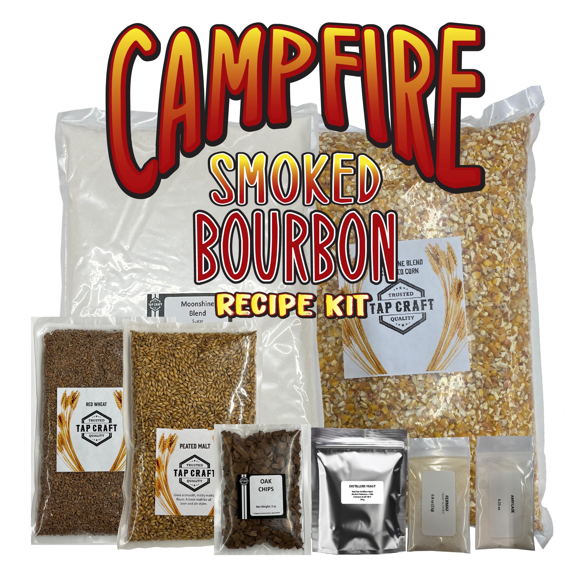 Tapcraft - Campfire Bourbon-Style Whiskey Recipe Kit – Cracked Corn & Smoky Peated Malt Mash | Oak Chips & Instructions – Home Distilling Recipe Kit