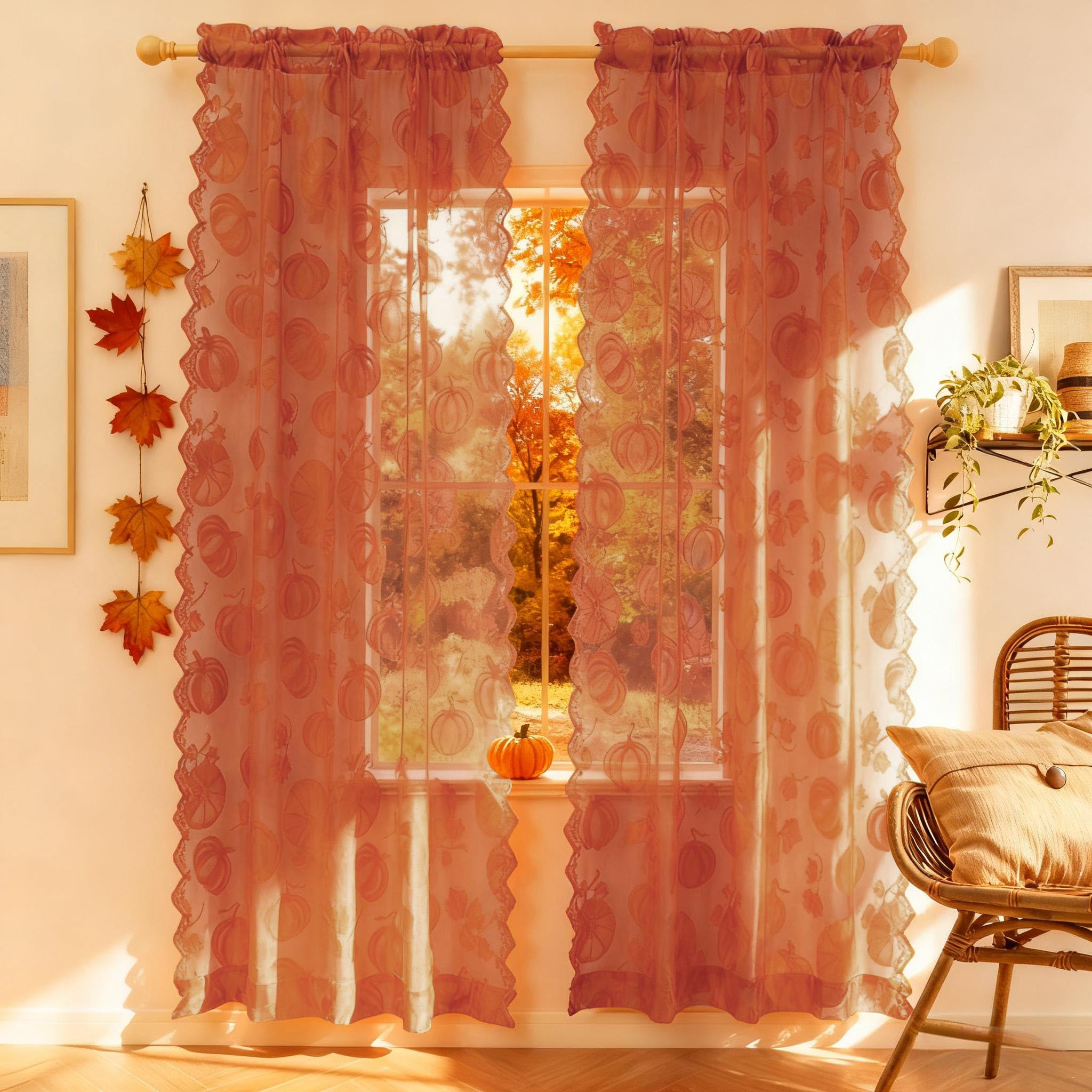 Fall Lace Curtains - 63 Inch, Harvest Pumpkin Style -15
