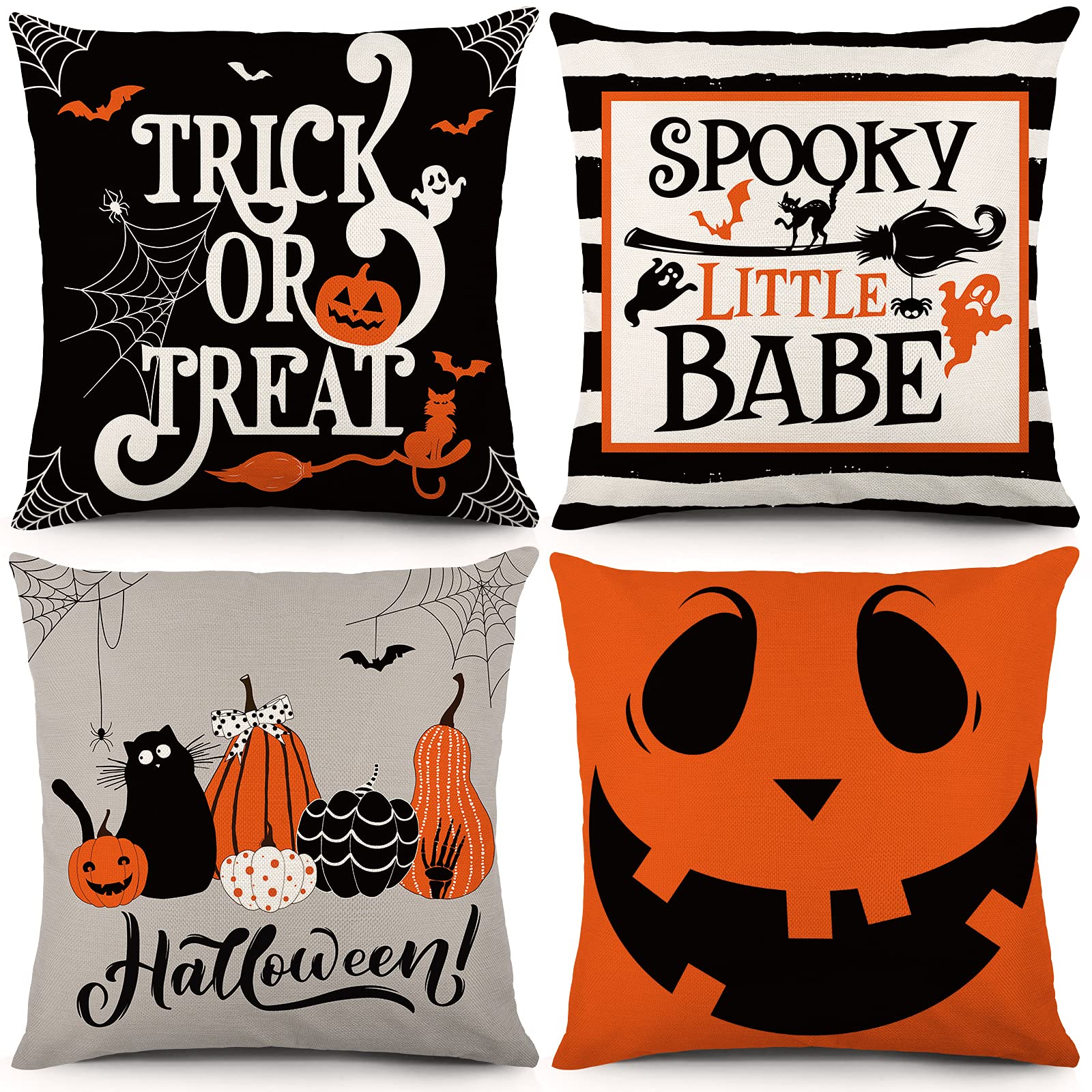 Bowount Halloween Pillow Covers 18x18 Inch Set of 4 Trick or Treat Pillow Covers Pumpkin Household Linen Throw Pillow Case for Bed Couch Halloween Holiday Decoration