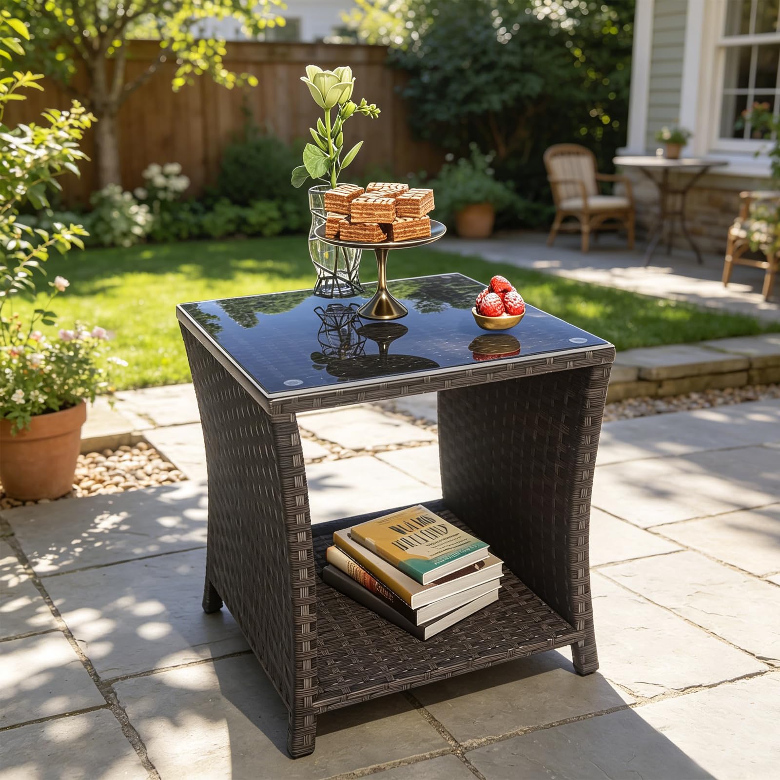 Wicker Rattan Side Table,Outdoor Patio Wicker Table,Modern Patio End Side Table with Glass Countertop and Storage Space,for Garden Balcony Porch