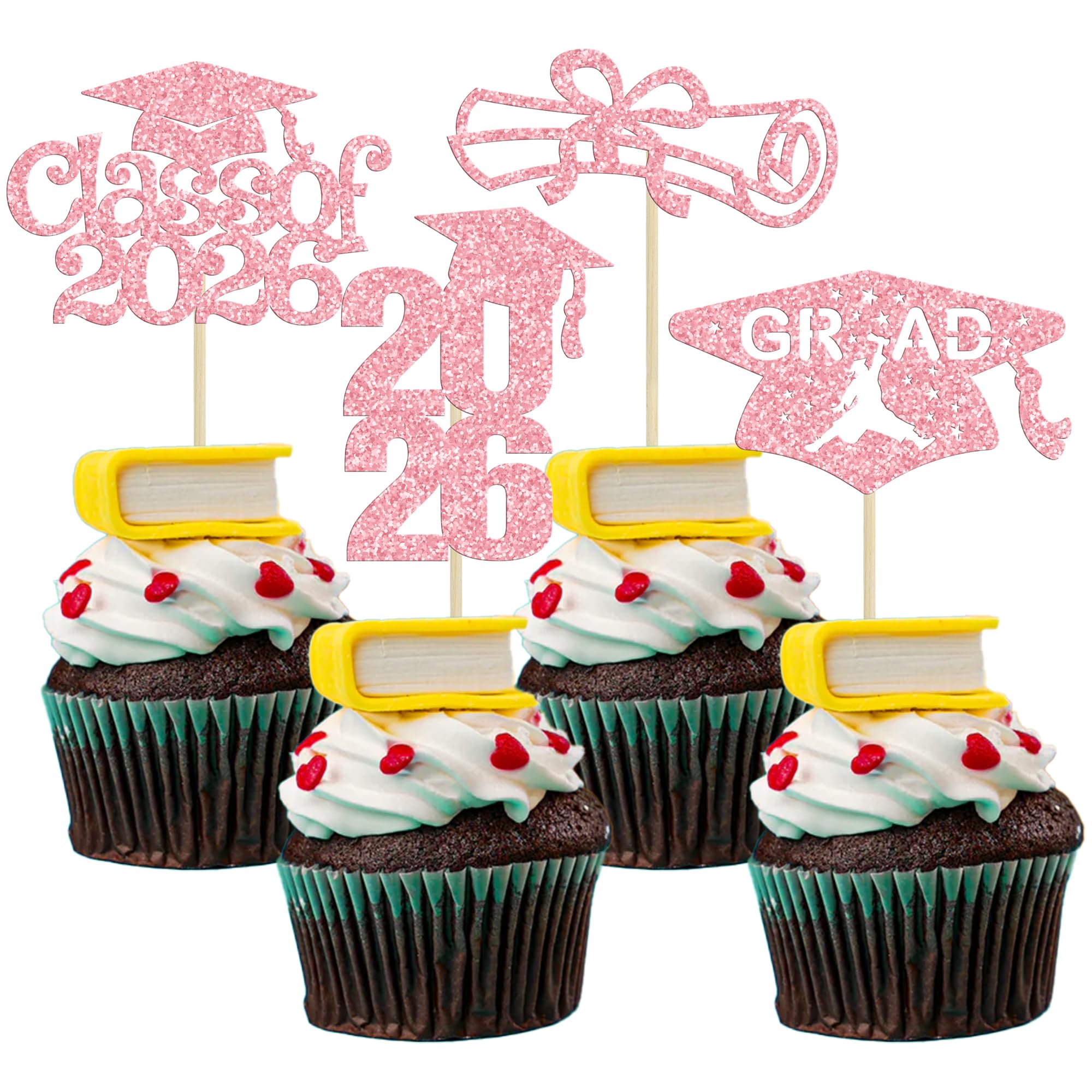 Ephlyn 24Pcs 2026 Graduation Cupcake Toppers Glitter Class of 2026 Diploma Grad Cap Cupcake Picks 2026 Graduation Theme Party Cake Decorations Supplies Pink