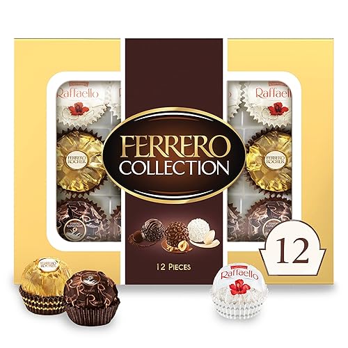 Ferrero Collection, 12 Count, Premium Gourmet Assorted Hazelnut Milk Chocolate, Dark Chocolate and Coconut, 4.6 oz - Rocher, Raffaello, Rondnoir - 12 Count (4.6 oz) (Pack of 1)
