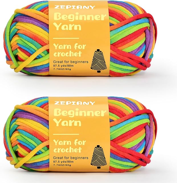 Beginner Yarn for Crocheting and Knitting, Rainbow, 2x1.76oz, 80m (87.5yds) Each, #4 Bulky, Cotton-Nylon Blend, Easy-to-See Stitches