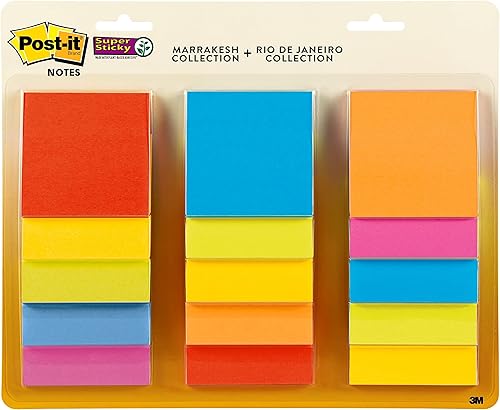 Post-it Notas súper adhesivas 3 x 3 pulgadas 15 blocs 2 veces la potencia de adherencia aumento de energía colores brillantes naranja rosa azul
