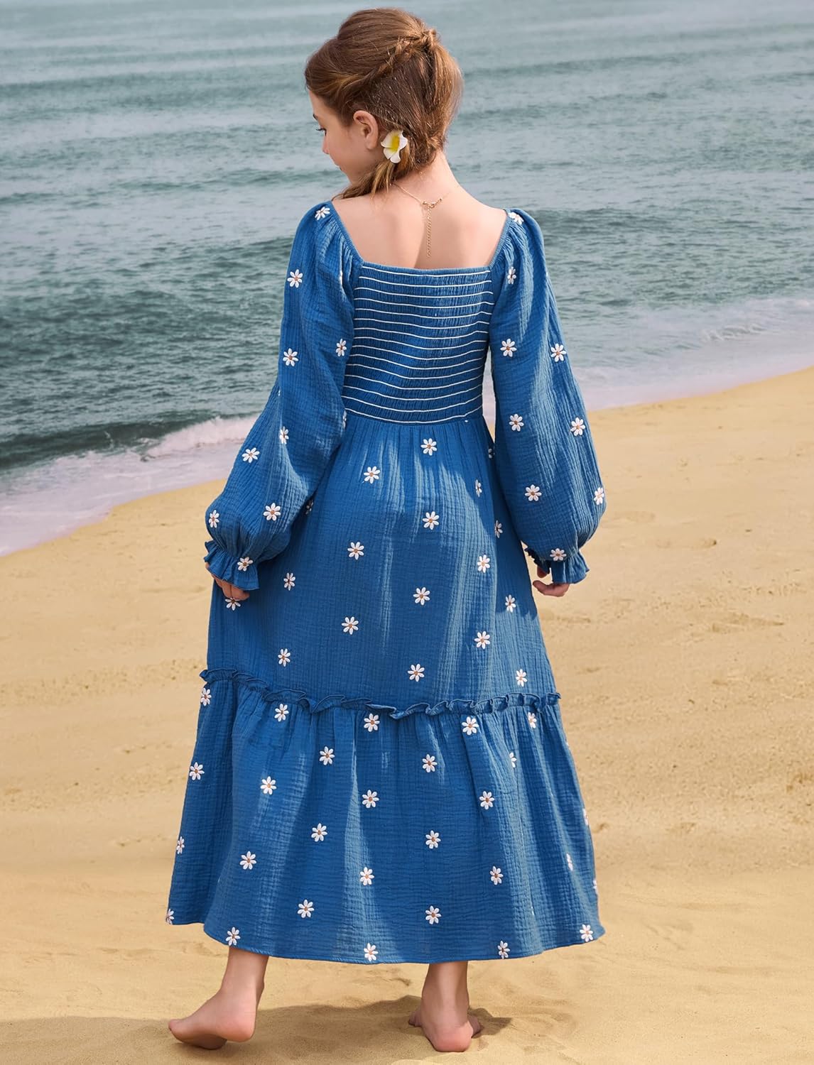 Sunny Spirit Girls Dresses Spring Maxi Tween Boho Floral Long Puff Sleeves Square Neck Embroidered Smocked Dresses 5-14 Years - Image 7