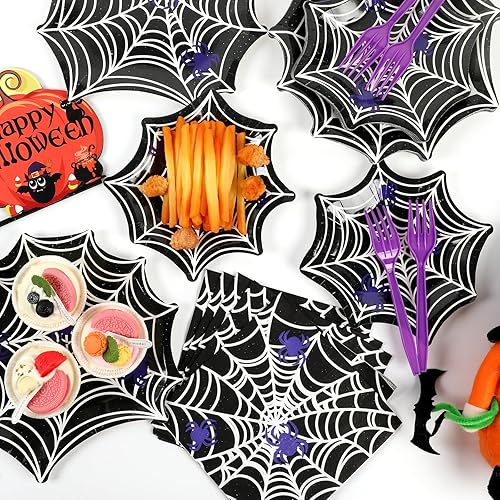 Miniatura 5 de Suministros de fiesta de telaraña de Halloween, platos y servilletas de papel, vajilla desechable negra para decoraciones espeluznantes de fiesta de