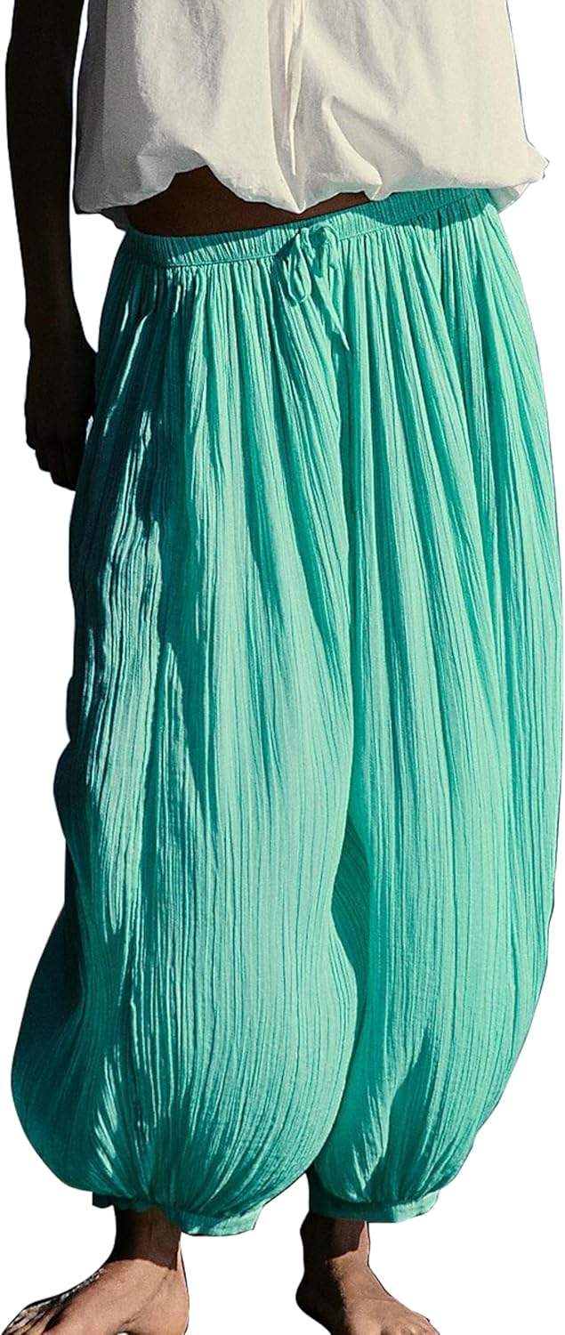 Women's Palazzo Balloon Pants Drawstring Waist Wide Leg Casua Joggers Loose Beach Pants with Pockets