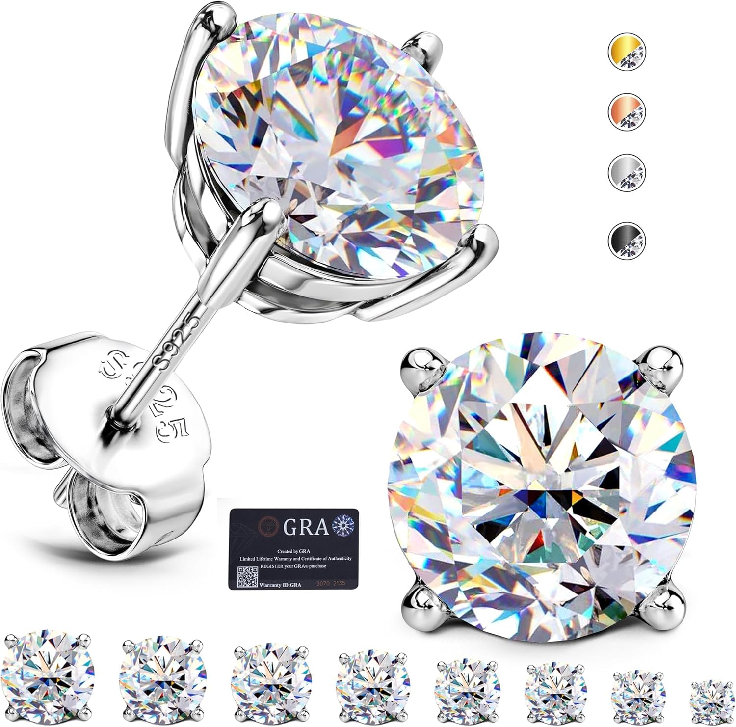 Moissanite Stud Earrings : 18K White Gold Plated Solid 925 Sterling Silver Earring Hypoallergenic Dainty Flat Back Stud Earrings Jewelry for Women Men D Color VVS1 Clarity