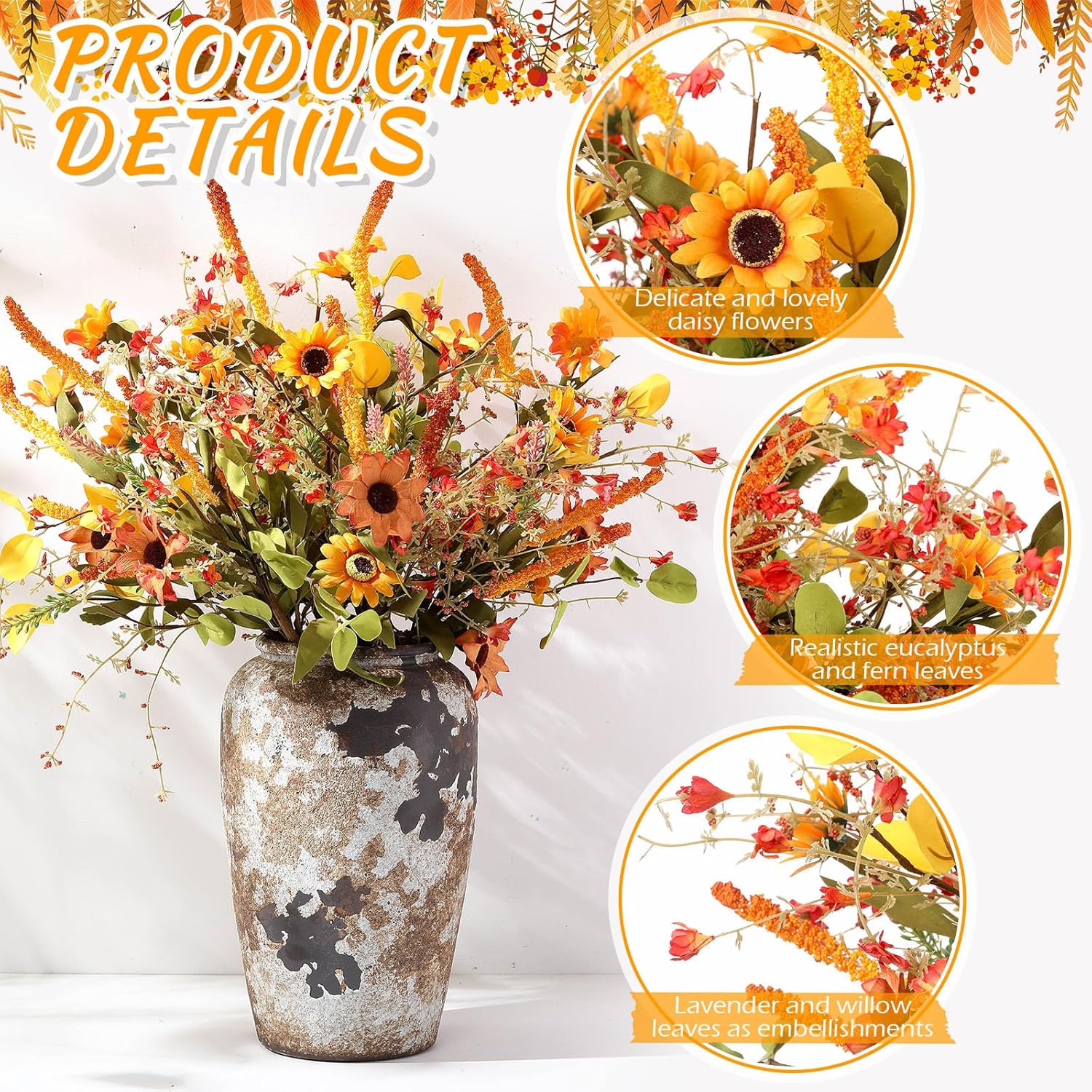 Zeyune 6 Bundles 22.8 Inches Fall Artificial Flowers Daisy Flowers Artificial Autumn Floral Picks Fake Wildflowers for Home Table Centerpiece Decorations Thanksgiving Harvest Festival Wedding Party