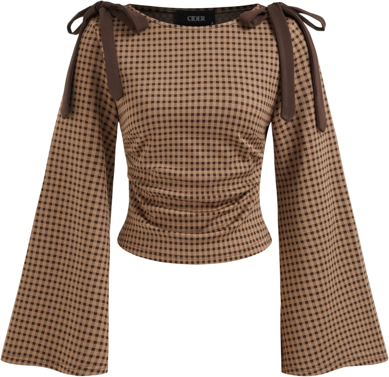CIDER Tops Gingham Bowknot Ruched Long Sleeve Boat Neck Slim Fit Top