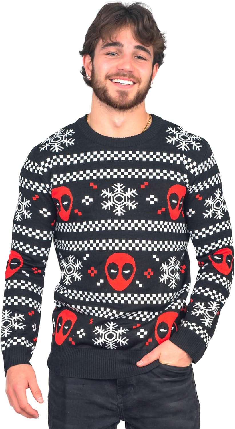 Deadpool Holiday Snowflakes Stripes Long Sleeve Ugly Christmas Sweater