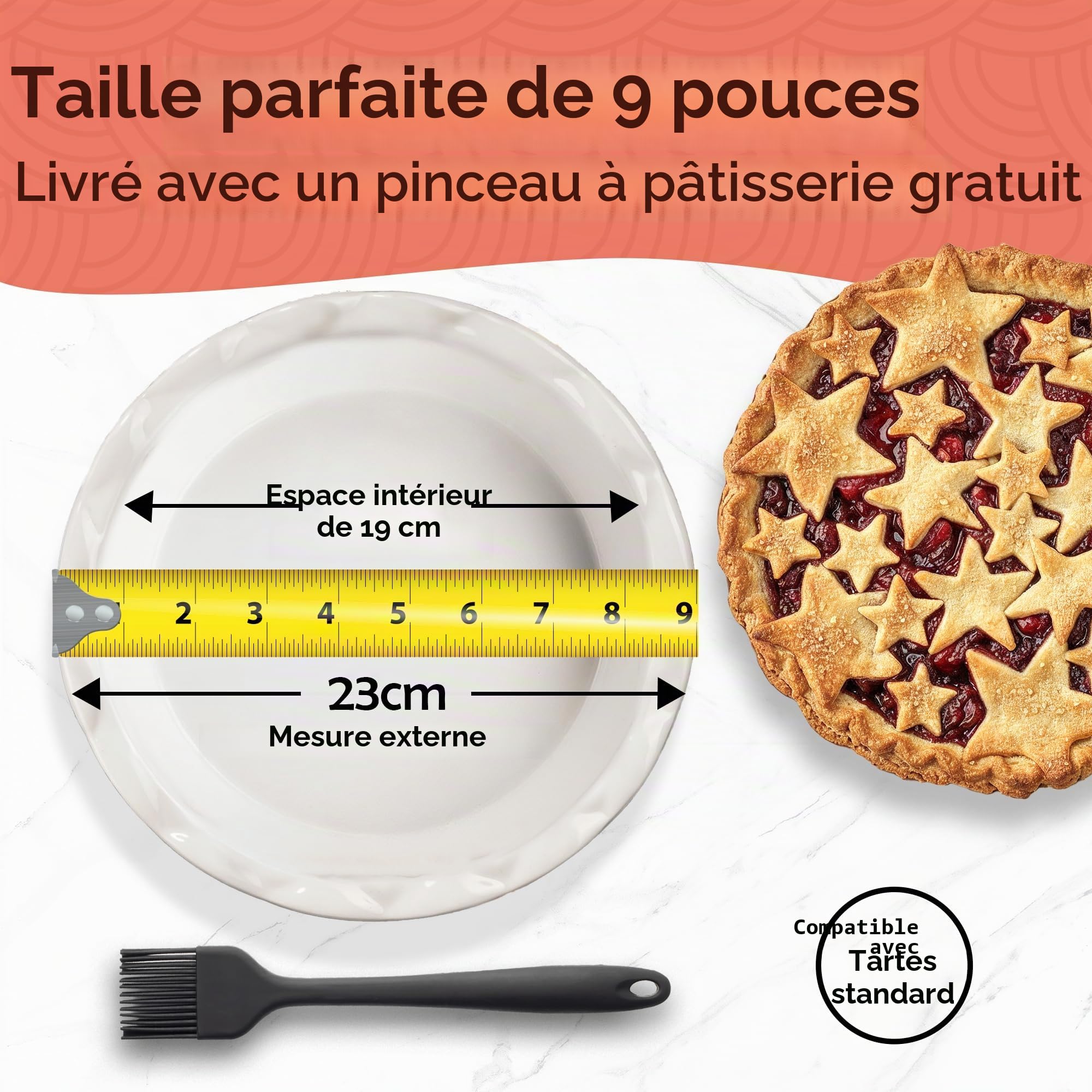 Muldale Plat à tarte de 9 pouces - Plats à tarte ronds en céramique de 23 cm pour le four - Plat à tarte individuel cannelé profond pour tarte aux pommes et à la citrouille - Moule à tarte au steak et