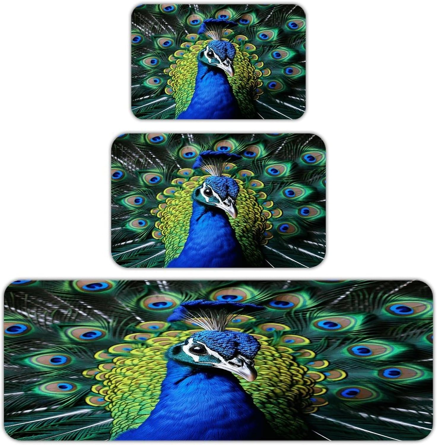 Blue Peacock Kitchen Rugs Sets of 3 Non Slip Kitchen Mats for Floor Farmhouse Kitchen Sink Mat Thick Comfort Standing Mat for Laundry Room Hallway Bathroom