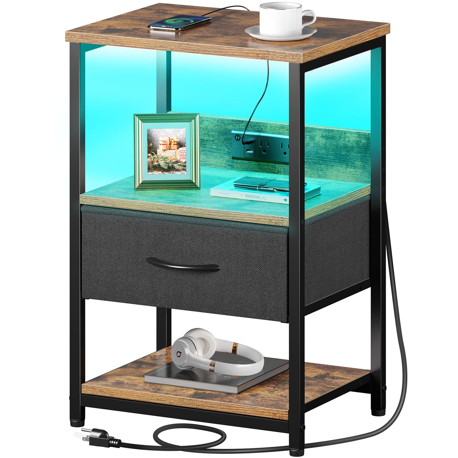 Seventable Nightstand with Charging Station, LED Bedside Table with Adjustable Fabric Drawer, Night Stand with Storage, 3-Tier Bed Side Table, End Table for Bedroom, Living Room, Rustic Brown