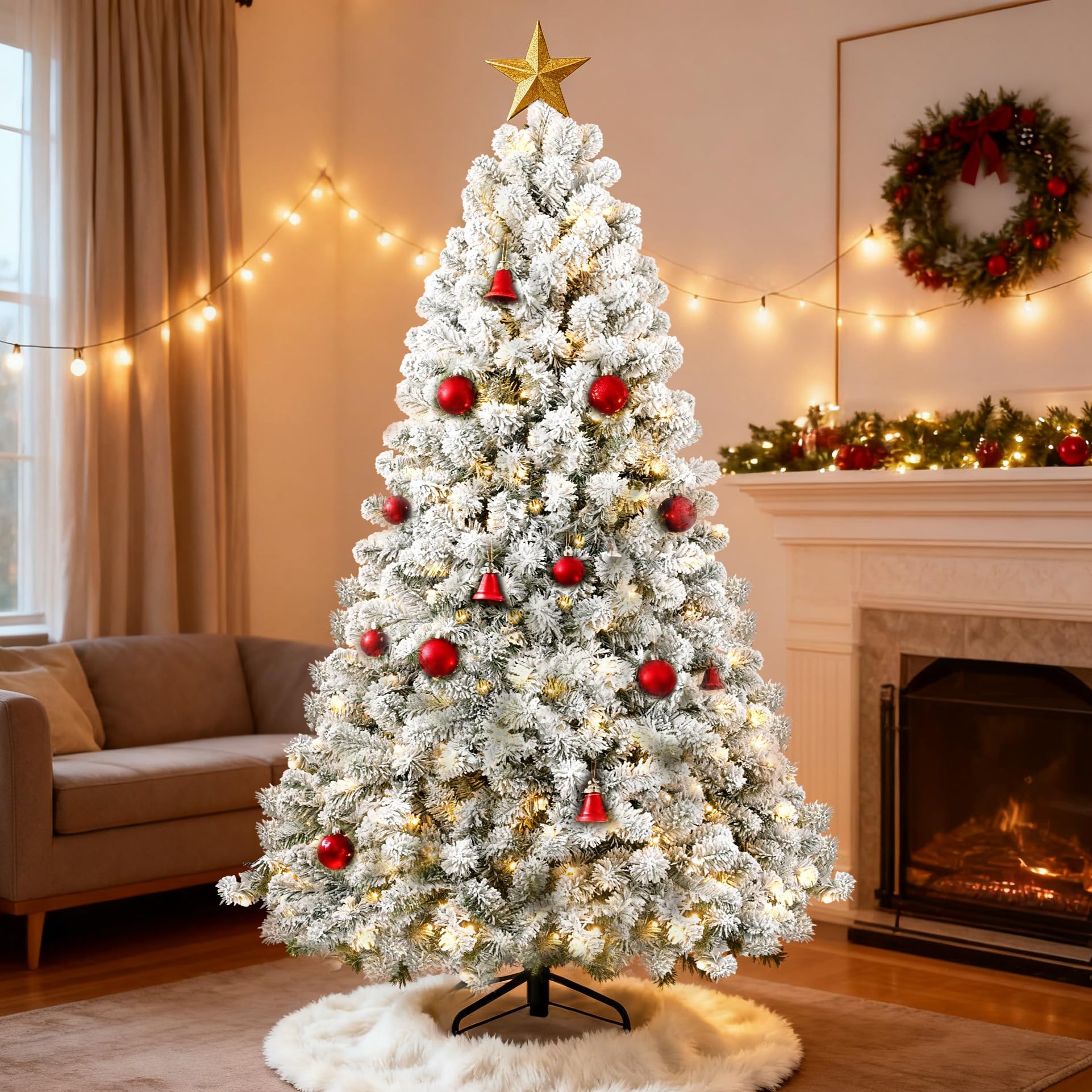 4ft per-lit snow flocked christmas tree, artificial christmas tree with 150 warm white lights, 366 branch tips, premium green full xmas tree for easy holiday setup, foldable metal base