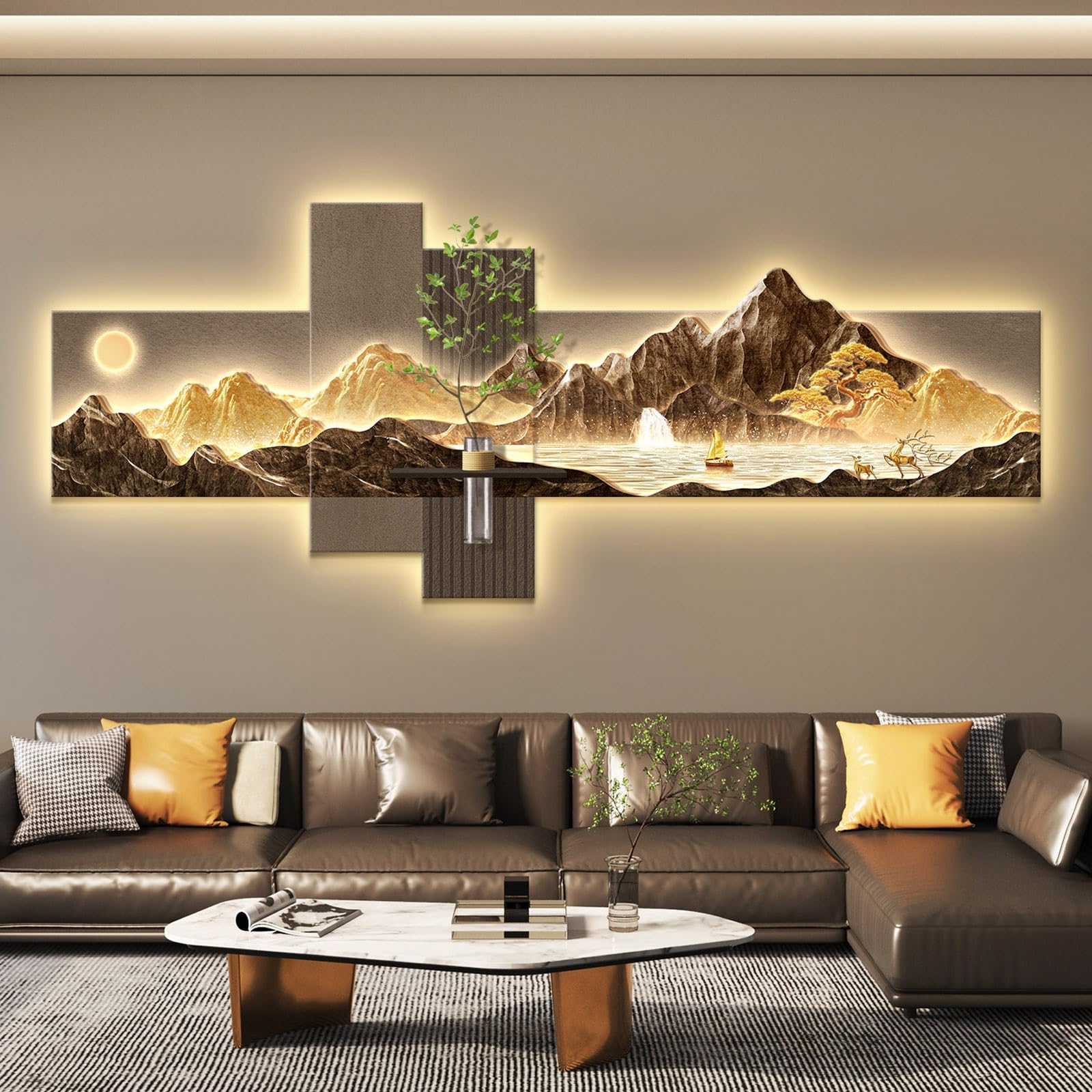 Decorazione murale 3D in Cristallo con Luce LED e Piante idroponiche, Paesaggio Decorativo per Soggiorno o Camera da Letto, complemento d'arredo, 60x150 cm (Tipo D 60x150 cm/23,6x59 Pollici)