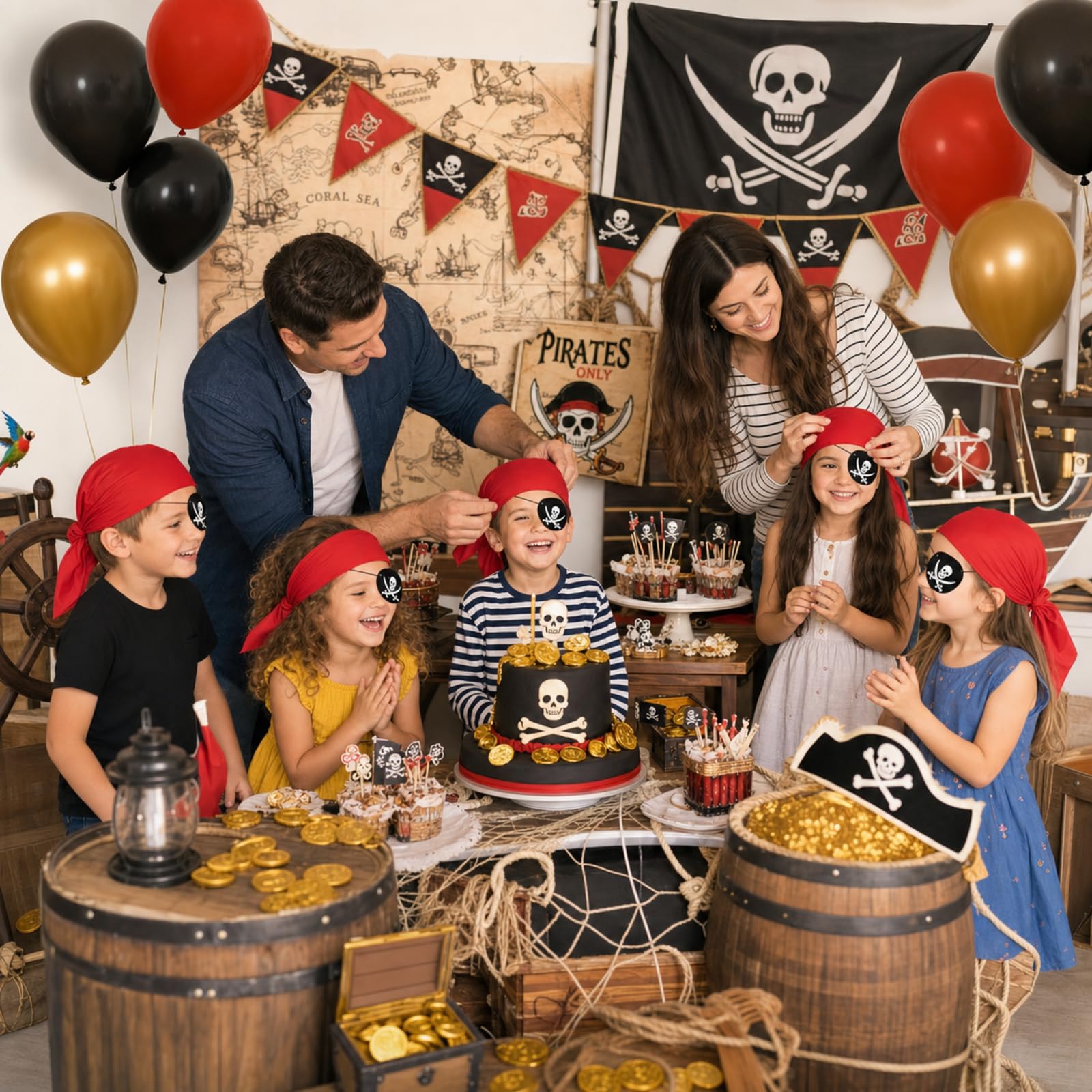 JaGely 32-teiliges Piraten-Zubehör, Partyzubehör, inklusive 16 roten Piratenkopf-Bandana, 16 Augenklappen, Halloween-Geschenke für Halloween, Karibik-Mottoparty, Cosplay