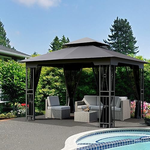 Miniatura 7 de HAPPATIO Gazebo de patio al aire libre de 10 x 12 pies, gazebo de toldo al aire libre para jardín, patio, patio con ventilación doble techo con