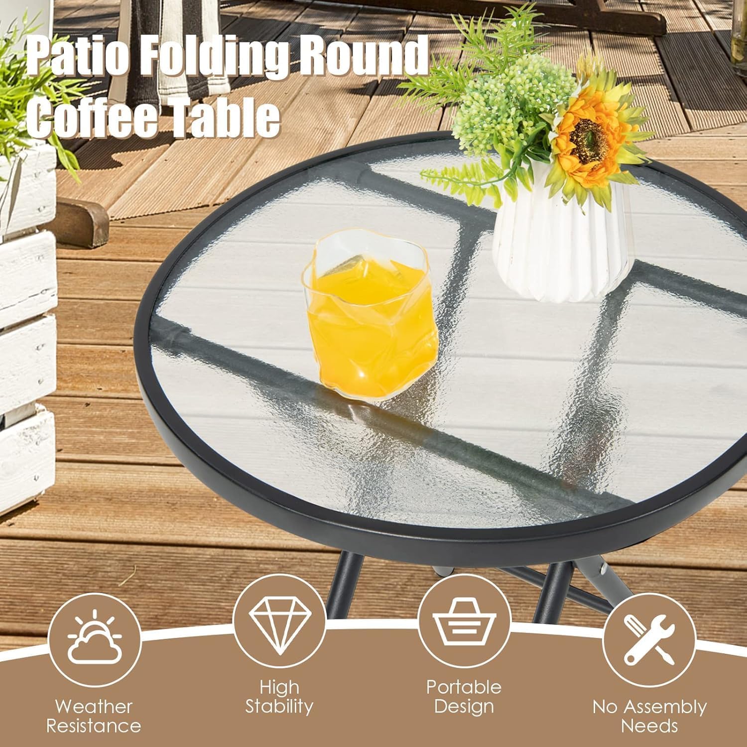 LDAILY Folding Outdoor Side Table, Round Small Bistro Table with Tempered Glass Tabletop, Anti-Slip Foot Pads, Steel Frame, Foldable Patio Table for Garden, Balcony, Backyard, Porch, Black