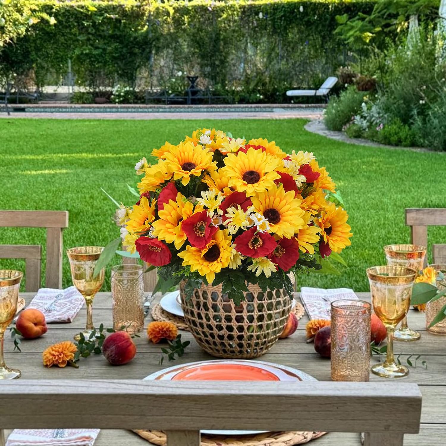 Sunflowers Artificial Flowers Faux Sunflower with Daisy Poppy Fake Silk Flower Arrangements Cemetery Flowers for Grave Porch Home Kitchen Office Spring Decor 4 Bundles - Image 3