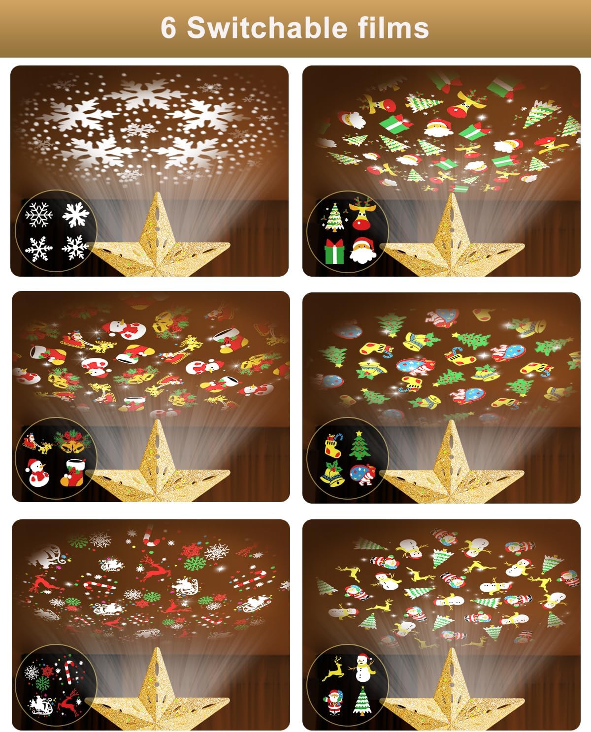 Christmas Tree Topper Star Lighted with Warm Christmas Light Cord, Built-in 6 Projected Patterns, 3D Glitter LED Rotating Lights for Party Holiday Xmas Decorations Gifts (Glod)