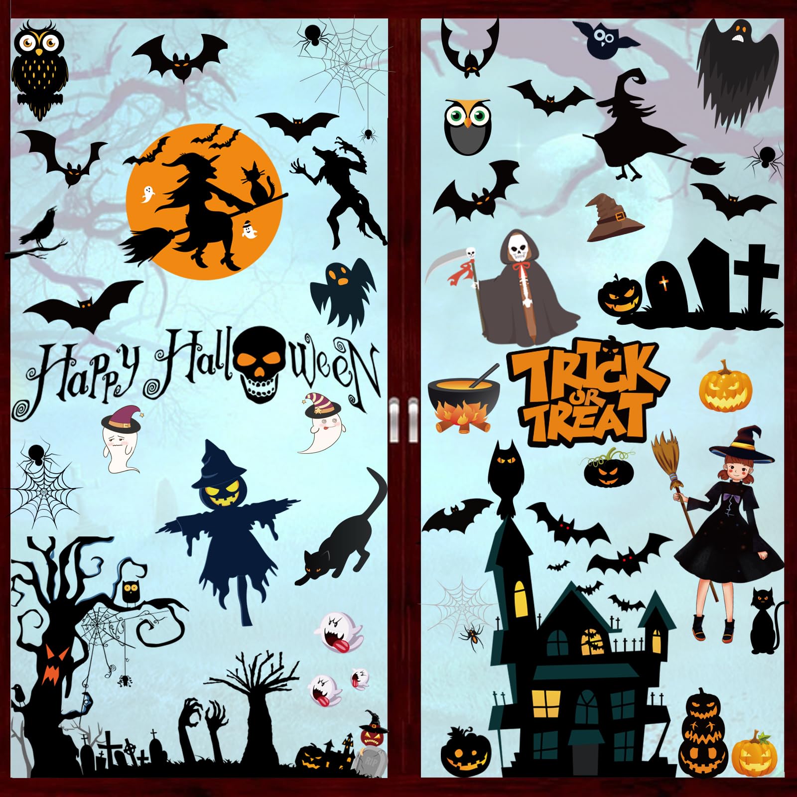 AUERVO 9 Sheets Halloween Window Stickers, Bats Spiders Pumpkin Style Static Sticker for Halloween Window Decoration